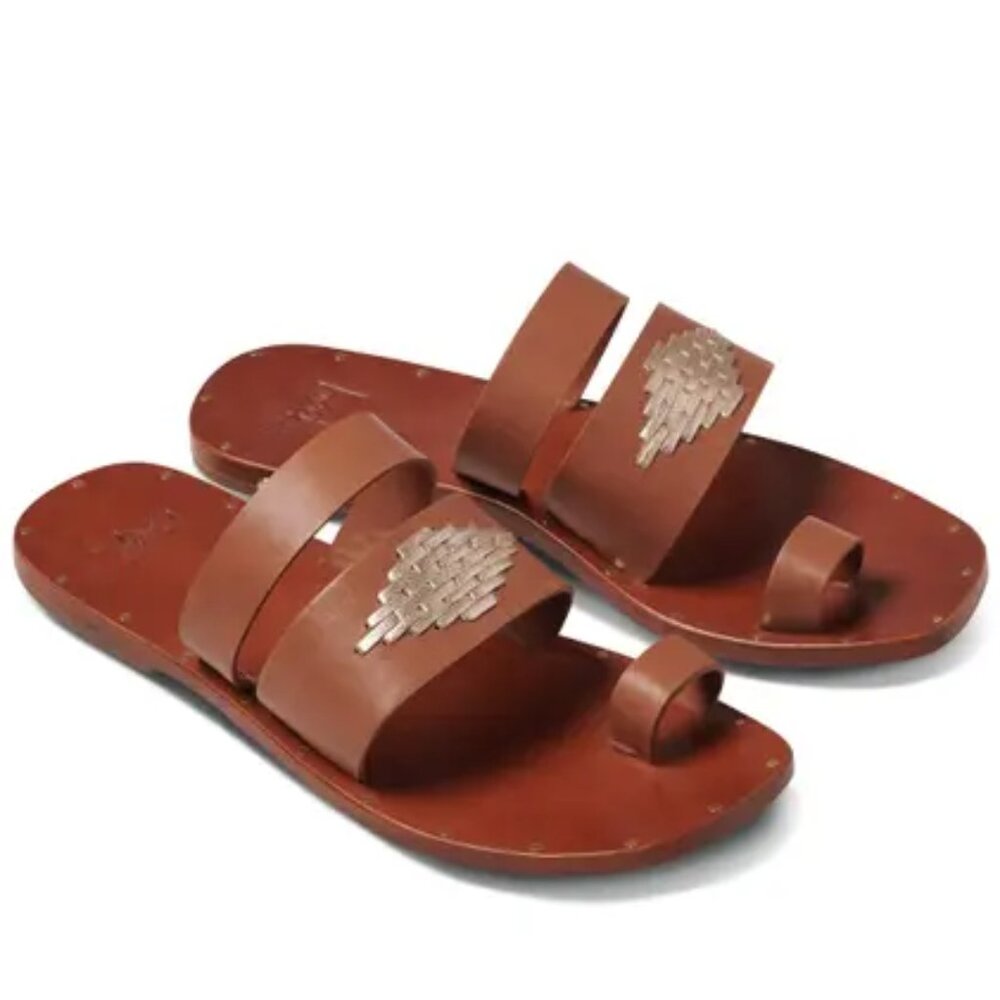 beek Brown Leather Two-Strap Toe-Ring Sandals with Silver Accent
